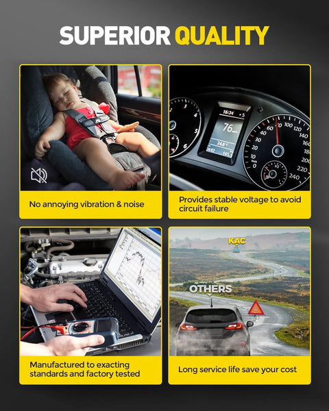 Image showing four features: child sleeping in car, car dashboard with stable voltage, technician testing alternator, car driving on road.