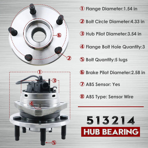 Front Wheel Bearing And Hub Assembly For 2004-2012 Chevy Malibu, 2008-2010 Chevy Cobalt HHR, 2005-2010 Pontiac G6, 2007-2009 Saturn Aura, 5 Lug With ABS, 513214, components and dimensions details