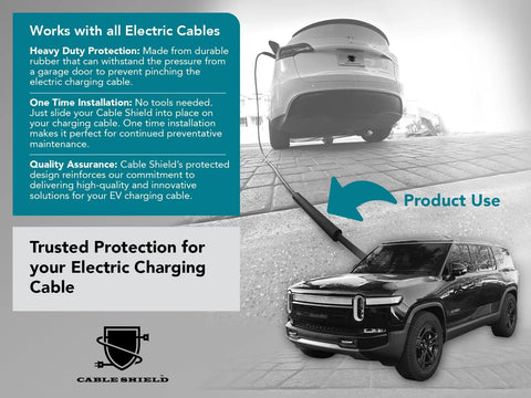 Cable Shield EV cable protector for garage pass-through; black rubber guard with Cable Shield logo