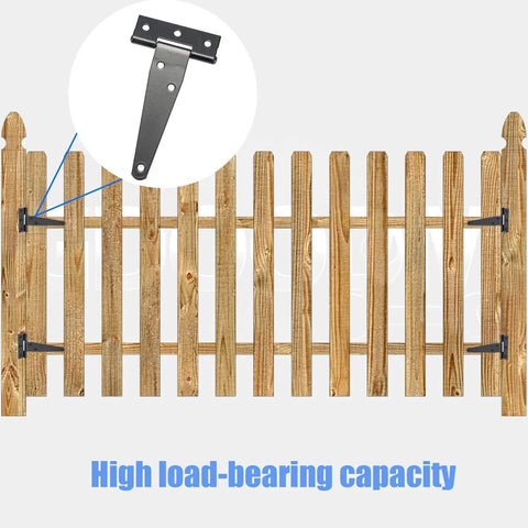 Wooden fence with a close-up of 12 Pack 4 Inch T Strap Hinges Black For Shed Barn Gates And Fences, highlighting rustproof tee hinges.
