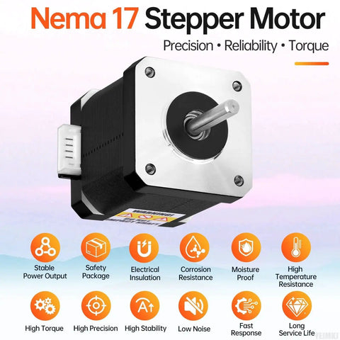 Image of 0.9 Degree Nema 17 Stepper Motor 2 Phase High Torque Bipolar 1.3A 2.5 Ohm with key features icons.