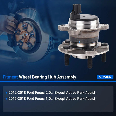 Rear Wheel Bearing Hub Assembly For Ford Focus 2012-2018 Without Active Park Assist, 5 Lugs, ABS, 512466 Replacement