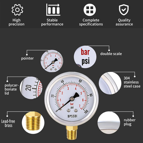 BPSSDI vacuum pressure gauge, 2.5-inch dial, bar/psi dual scale, 304 stainless steel case, 1/4-inch G lower mount