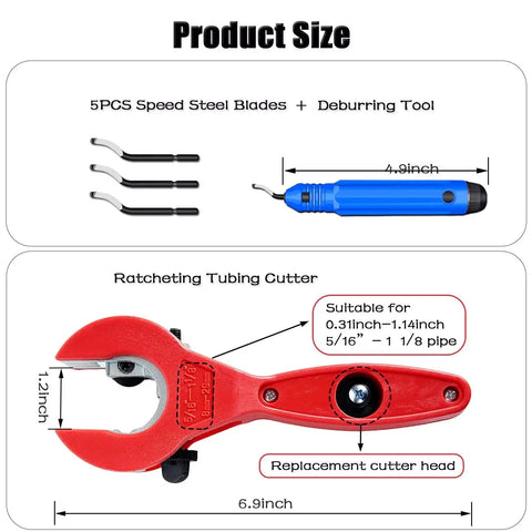 Ratcheting Tubing Cutter For Copper And Metal Pipes 5/16 To 1 1/8 Inch 2 In 1 360 Degree Close Quarters Tubing Cutter With Deburring Tool shown with steel blades and tool dimensions.