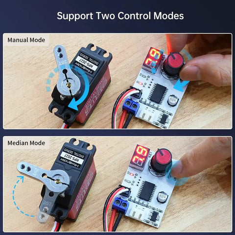 Digital Servo Tester For RC Systems, One Channel Motor Controller with Centering Tool showing manual and median PWM modes with LED display