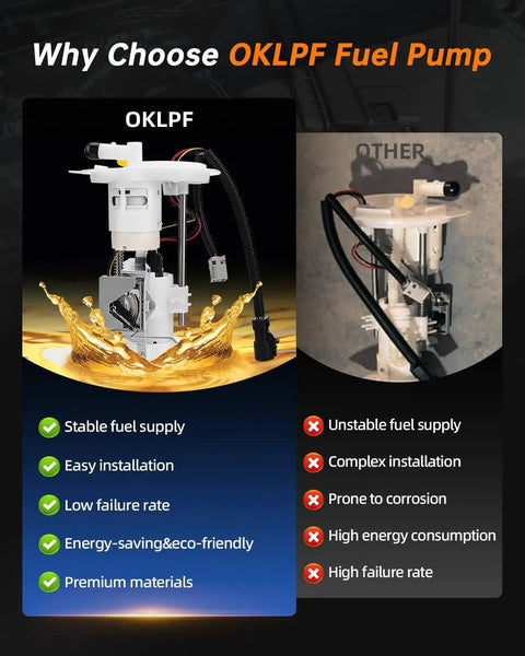 Comparison of OKLPF electric fuel pump and other brands highlighting stable supply, easy installation, and premium materials.