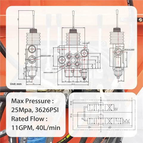 Technical diagram of Hydraulic Control Valve With Joystick And Float For Log Splitters And Tractor Loaders 2 Spool 11 GPM Closed Center