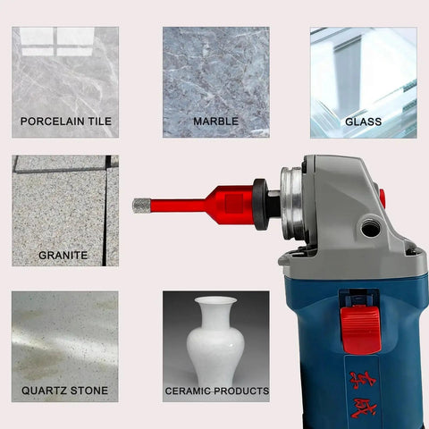 Diamond Hole Saw Set For Porcelain Ceramic Concrete Granite Marble Tiles With 6mm Shank Core Drill Bits And Five Eighths Inch Thread For Angle Grinders Pro Grade Performance Smoother Cutting Faster Drilling Reduced Heat 2 Pack By OneGoTool shown with materials it drills through: porcelain, marble, glass, granite, quartz, ceramic.
