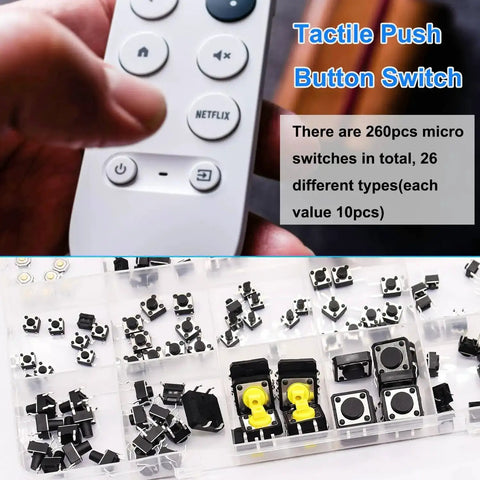 260Pcs Micro Momentary Tactile Push Button Switch Kit with 26 Values, control panel and switches displayed.