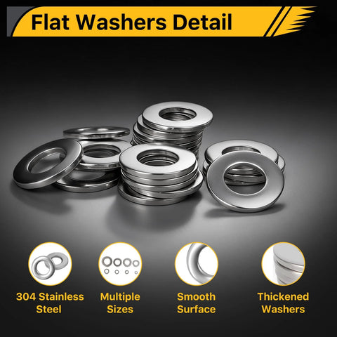Nuepuxo 600pc flat washer set, 304 stainless steel fender washers, 7 sizes M3–M12.