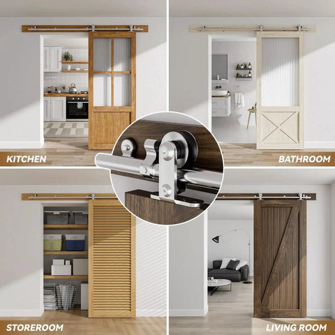 Stainless Steel Sliding Door Hardware Kit For Single Wooden Door Top Mount T Style Track System 6 Ft Length Fits 36 Inch Wide Door