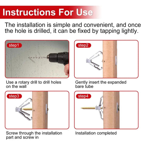 Installation steps for Hollow Wall Anchors Kit With Screws Grey And White Plastic Drywall Anchors Set Of 60 And 30 Screws