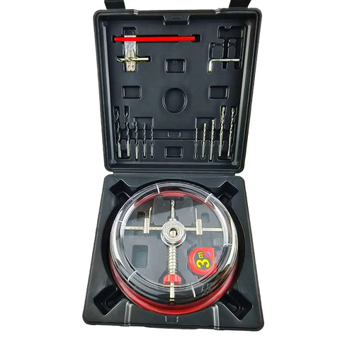 Adjustable Hole Saw Cutter Kit From One And Five Eighths Inch To Eight Inch With ABS Dust Cover in open case with blades and bits visible.