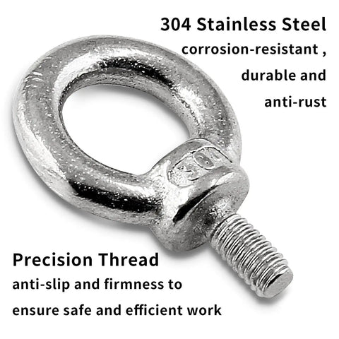 Close-up of 304 stainless steel M4 lifting eye bolt with threaded end, featuring corrosion-resistant and durable qualities.