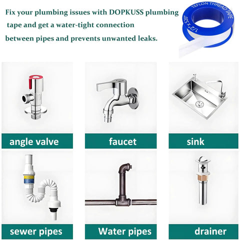 Image showing PTFE Pipe Sealant Tape 5.5 Mil Thick Waterproof Thread Sealant for plumbing fittings with examples of use, including faucet and sink.