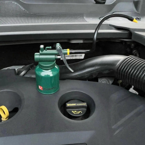Green metal Garage Ready Dual Spout Oiler Can 8oz with flexible spout for precision lubrication on auto engine
