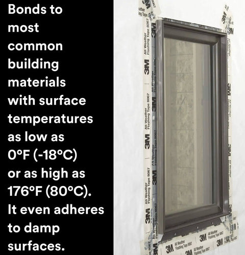 All-Weather Adhesive Flashing Tape 8067 sealing window, 3 in x 75 ft, waterproof, shown in wood frame construction with text description