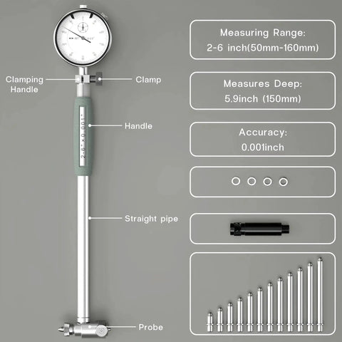 Dial Bore Gauge Set 2 to 6 Inches With 0.001 Inch Accuracy showing gauge, handle, and measuring components for engine cylinder holes.