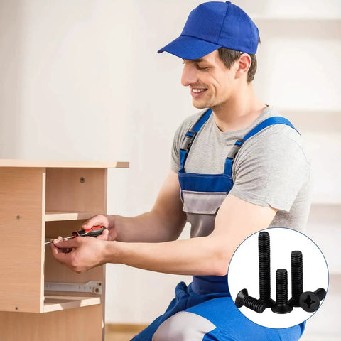 Man assembling furniture with Massive M3 And M4 Countersunk Screws Kit For DIY Projects And Electronics, close-up of screws shown