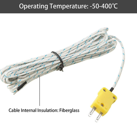 K-type thermocouple temperature probe with 3 m fiberglass-insulated white cable and yellow two-pin plug
