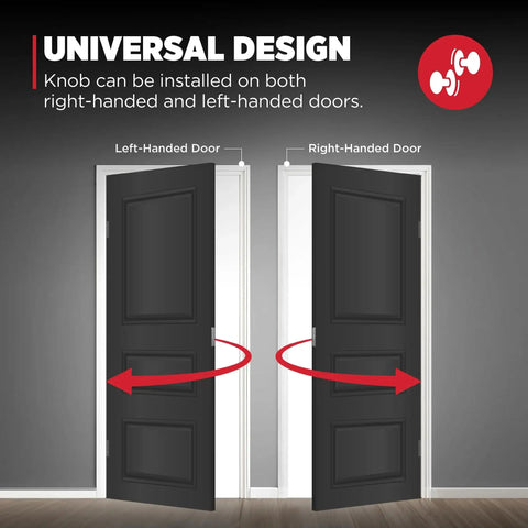 Diagram showing Pismo Interior Round Privacy Door Knob With Lock In Gunmetal Finish for left and right-handed door installation.