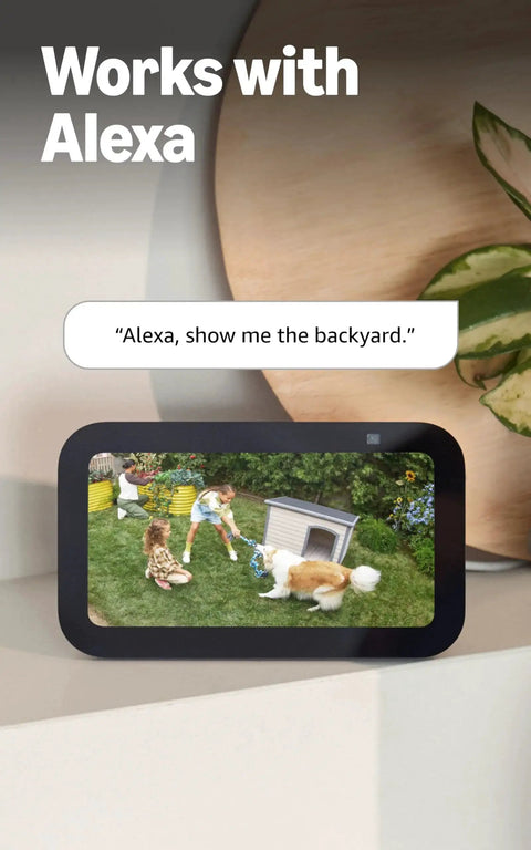 Spotlight Cam Plus Battery Security Camera With HD Video Color Night Vision displayed on a smart screen with Alexa integration.