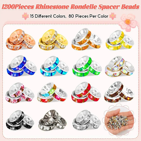 Crystal Rondelle Spacer Beads Kit 1200 Pieces In 6mm 15 Bright Colors For DIY Jewelry Making Totally Perfect For Bracelets Necklaces Earrings And Beadable Pens with various colored beads displayed.
