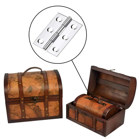 Stainless steel 2-inch folding hinge with screw holes for wooden boxes, shown beside a decorative wooden chest.