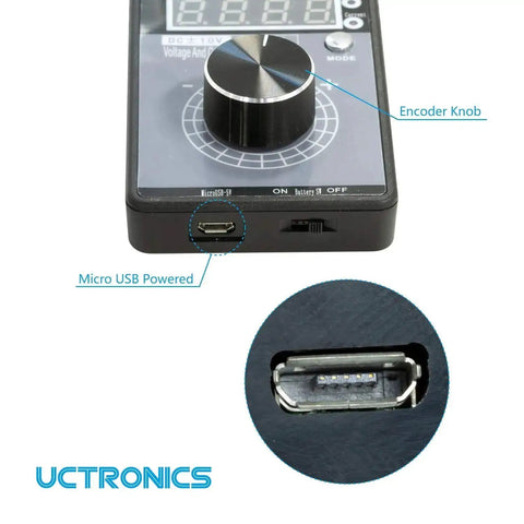 Close-up view of DC Plus Or Minus Ten Volt Output And Four To Twenty Milliamp Current Loop Signal Generator with USB port and controls.