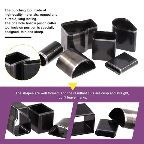 Close-up of varied shapes from the All-In-One 55-Piece Hollow Punch Cutter Tool Kit With Cutting Pad, showing metal punches.