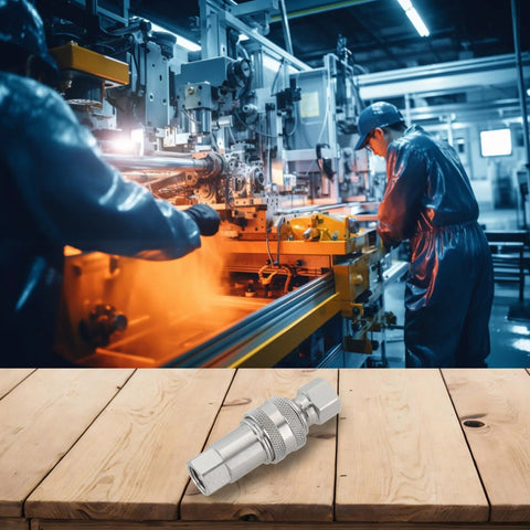Hydraulic quick connector M14 metal coupler with knurled grip on a wooden surface