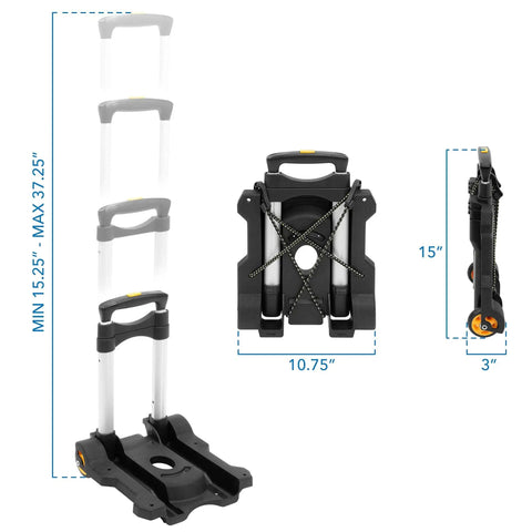 Foldable Luggage Cart With Wheels Lightweight Steel Frame Carries Up To 77 Pounds for easy transport; dimensions and design details shown