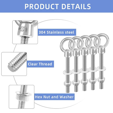 Beefy Heavy Duty Quarter Inch By Four Inch Eye Bolt Set In 304 Stainless Steel With Nuts And Washers 5 Pack Threaded Ring Eye Bolts