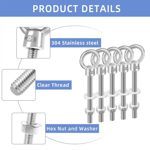 Heavy Duty 1/4 Inch By 6 Inch Eye Bolt Set With 304 Stainless Steel Nuts And Washers, includes five eye bolts, close-up view.