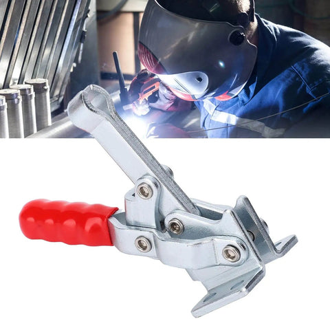 Heavy Duty Toggle Clamp With 150kg Clamping Force Horizontal Plunger Stroke Welding Hold Down Clamp For Woodworking Jigs And Fixtures Quick Release Hand Tool For Easy Secure Workpiece Positioning In Jigs, shown in front of a welder in action.