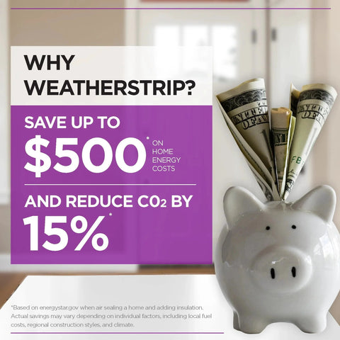 Piggy bank with dollar bills illustrating savings on home energy costs and CO2 reduction with weather stripping.