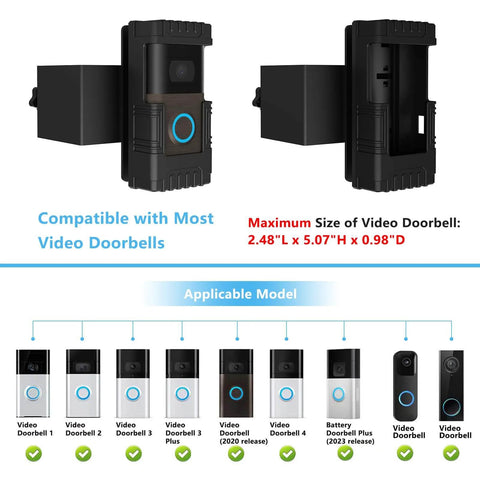 Diagram showing compatible video doorbells mounted on Anti Theft Doorbell Mount With Adjustable Angle Left Or Right 45 Degrees Sturdy Bracket Holder