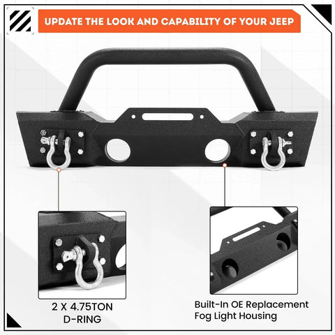Stubby Front Bumper For Jeep Wrangler JK JL Gladiator JT With Fog Light Housing, heavy-duty steel with D-rings and winch plate