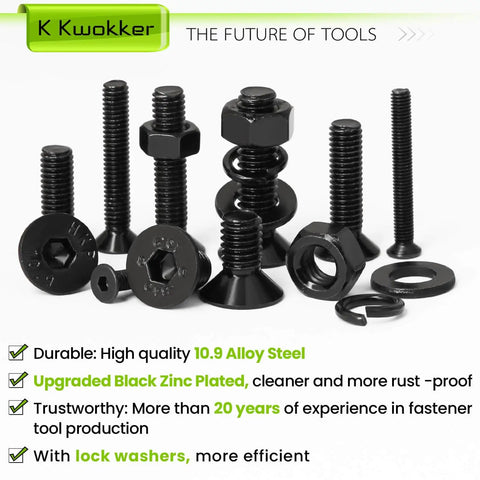 Ridiculously Complete Metric Fastener Kit With 1485 Pieces Of M3 M4 M5 M6 Nuts And Bolts, Flat Head Hex Socket Screws, Washers And Lock Washers, Zinc Plated Durable Hardware Set For DIY Projects Kwokker, close-up of black fasteners.