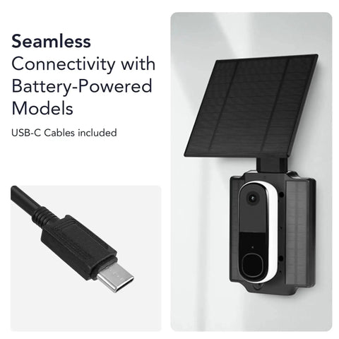 Doorbell Solar Charger With Built In Battery For Arlo Wyze And Eufy Wireless Doorbells Delivers Two And A Half Watts Of Power To Keep Your Camera Charged Day And Night Without Wiring shown connected to a doorbell