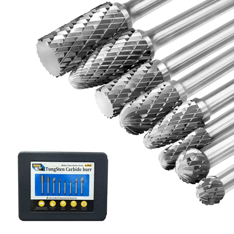 8 Piece Carbide Burr Set With 1 Quarter Inch Shank Double Cut Tungsten Carbide Rotary Files for Die Grinder in case