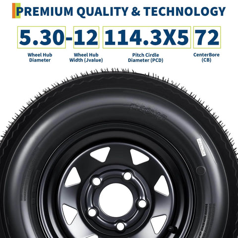 Front view of 2-Pack 5.30-12 Trailer Tires With 12 Inch Rims, 5 Lug On 4.5 Inch Bolt Pattern, 6 Ply Load Range C for trailers
