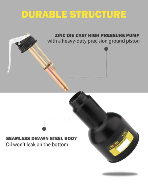 Heavy Duty Metal Pump Oil Can With Dual Spouts For Pistols And Machinery By DOWELL, close-up of pump and steel body