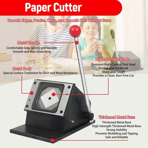 Fridge Magnet Paper Cutter for DIY Crafts showing metal body and handle, high-strength blade, and base with stability features.
