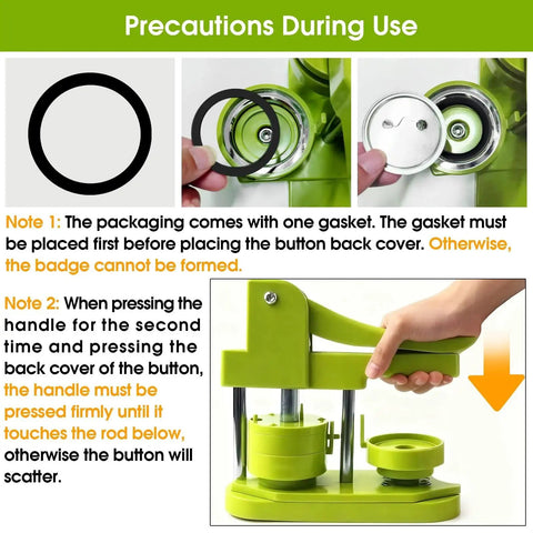 Precautions for using Bulk 300 Pcs 58mm Button Maker Supplies Kit with gasket placement and handle instructions