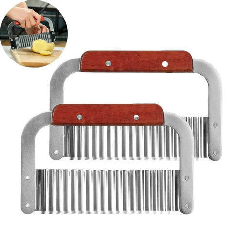 2 Pack Crinkle Cutter For Veggies With Stainless Steel Wavy Blade And Wooden Handle shown with wavy slicing action on potatoes