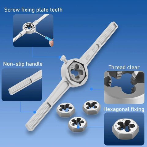 116 Piece Tap And Die Set With SAE And Metric Taps And Dies features hexagonal fixing, non-slip handle, and thread clear view.