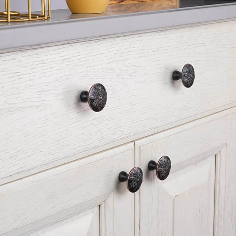 Oil Rubbed Bronze Cabinet Knobs Set 10 Pack One Point Four Inch Round Floral Design For Kitchen Cabinets And Drawers Antique Bronze