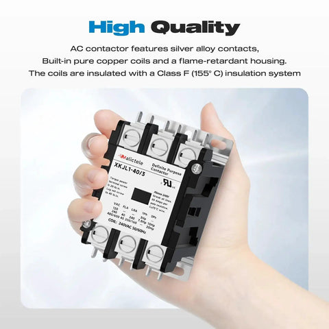 Hand holding 3 Pole 40 Amp AC Contactor For Outdoor HVAC Units 240V Coil UL Listed, showcasing silver alloy contacts, built-in copper coils.
