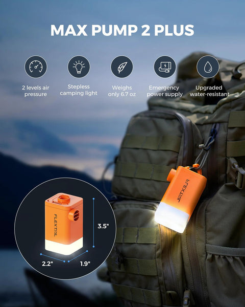 Two FLEXTAIL 4.5kPa air pumps, orange portable inflators with LED light and 4800mAh battery, attached to backpack